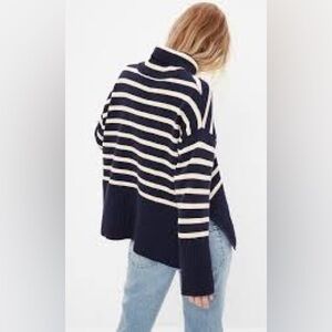 GAP 24/7 Navy & Cream Striped Split-hem Turtleneck Oversized 100% Cotton Sweater